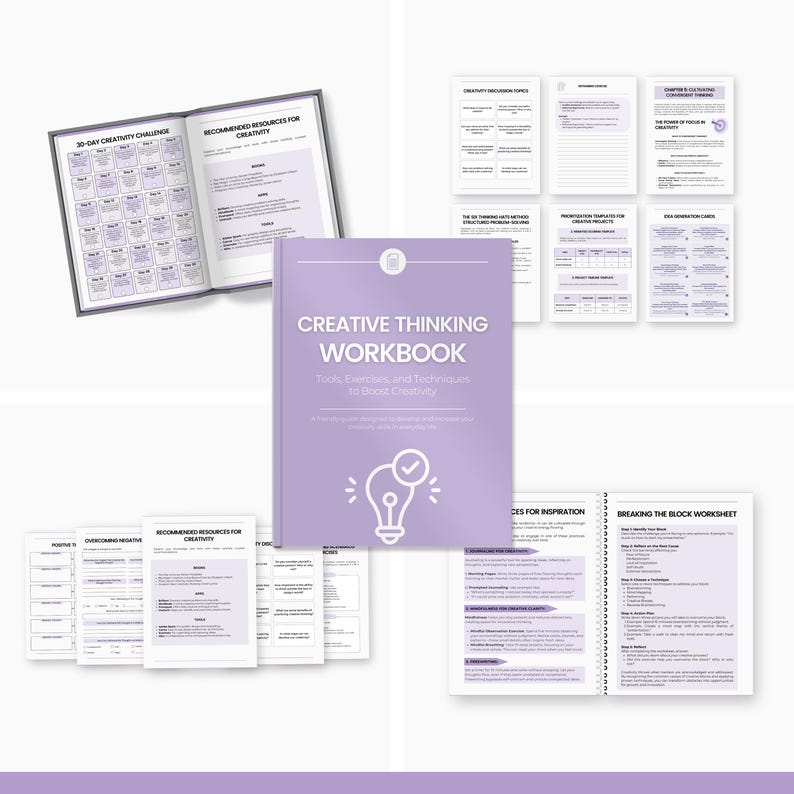 May include: A purple and white workbook titled "Creative Thinking Workbook: Tools, Exercises, and Techniques to Boost Creativity". The cover features a lightbulb with a checkmark inside. The workbook is open to a page with a list of "Ideas for Inspiration" and a "Breaking the Block Worksheet".
