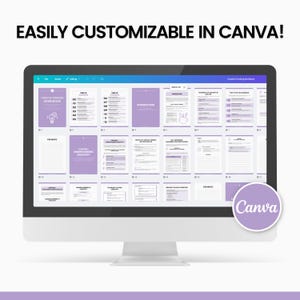 May include: A computer screen displaying a Canva document with the text "EASILY CUSTOMIZABLE IN CANVA!" and a purple circle with the word "Canva" in white text. The document is a workbook with multiple pages, each with a different section title, such as "Creative Thinking Workbook", "Introduction", and "Chapters & Understanding Creativity".