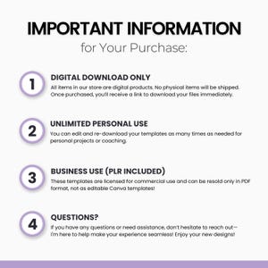 May include: A graphic with four numbered steps outlining important information for a digital download purchase. The steps include: Digital Download Only, Unlimited Personal Use, Business Use (PLR Included), and Questions?