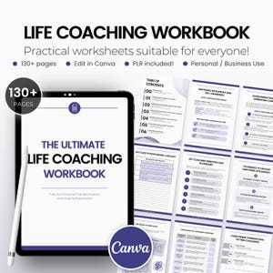 May include: A digital tablet displaying a purple and white life coaching workbook with the title "The Ultimate Life Coaching Workbook". The workbook includes tools for personal transformation and goal achievement. The tablet is on a white background with a white pencil.