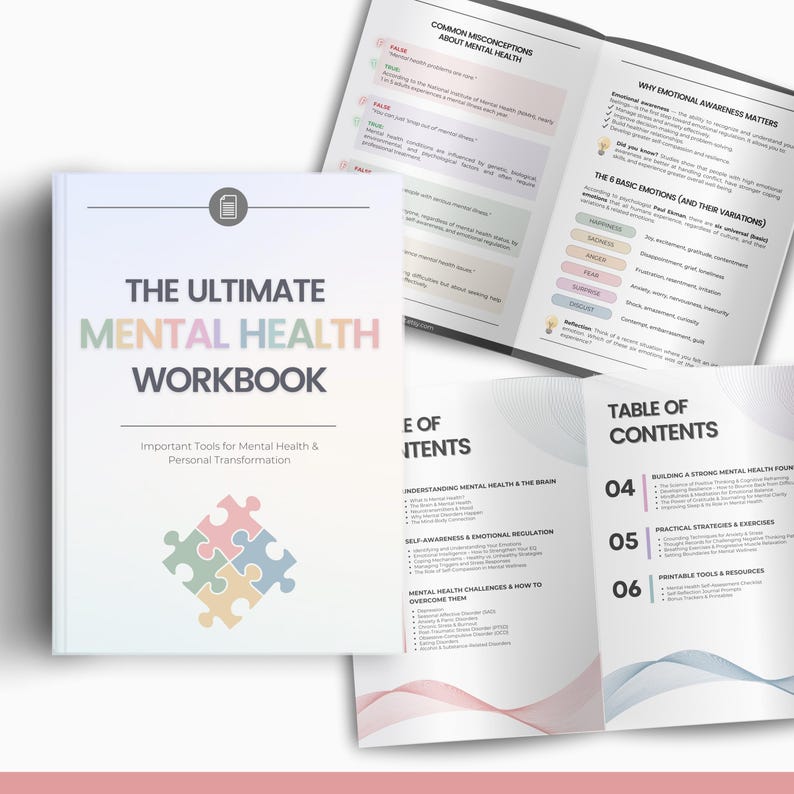 May include: A pink, blue and green workbook titled "The Ultimate Mental Health Workbook" with a jigsaw puzzle design on the cover. The workbook includes sections on understanding mental health, self-awareness, emotional regulation, mental health challenges and printable tools and resources.