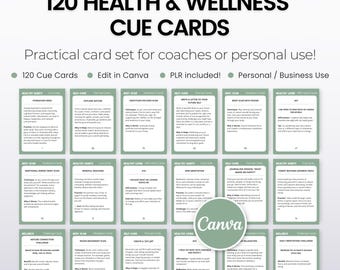 May include: A set of 120 green and white cue cards with the text "120 Health & Wellness Cue Cards" in a large font. The cards are designed to be used by coaches or for personal use. The text "Practical card set for coaches or personal use!" is also included on the card. The cards are designed to be edited in Canva and include PLR. The cards are for personal or business use.