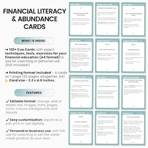 May include: A set of 30 printable financial literacy and abundance cards. The cards are designed to help people learn about money management, budgeting, and saving. The cards are in a light blue and white color scheme with a green checkmark icon. The cards are 3.3 x 4.8 inches.