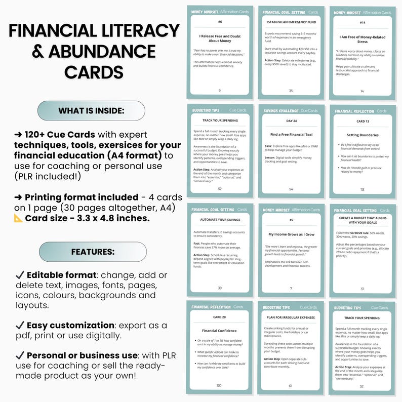 May include: A set of 30 printable financial literacy and abundance cards. The cards are designed to help people learn about money management, budgeting, and saving. The cards are in a light blue and white color scheme with a green checkmark icon. The cards are 3.3 x 4.8 inches.