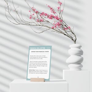 May include: A blue and white card with the text "Financial Goal Setting Cards" and "Define Your Financial Vision". The card has a light blue background and white text. The card is sitting on a wooden stand.