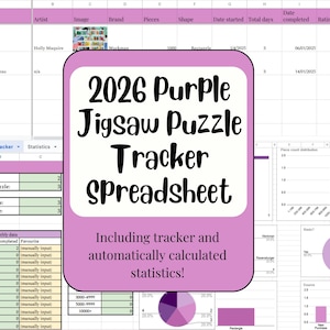 Purple Jigsaw Puzzle Tracker Google Sheets Spreadsheet Template, Gift for Puzzle Lover, Puzzle Log and Statistics