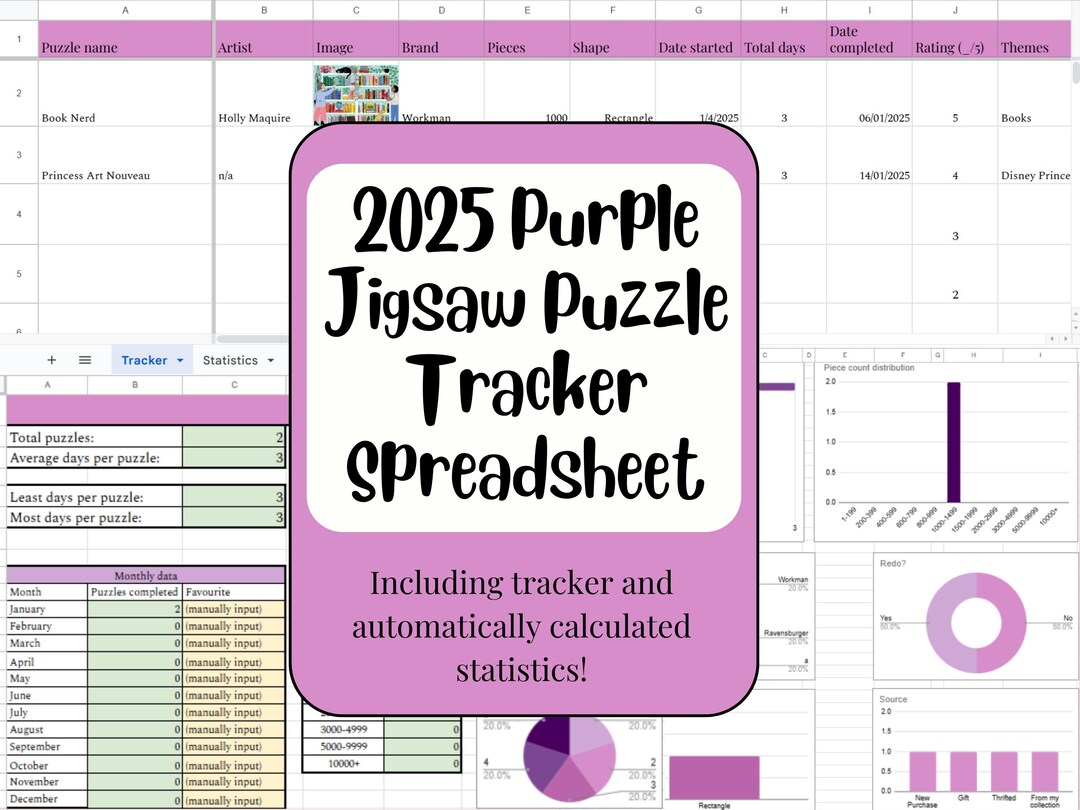 Purple Jigsaw Puzzle Tracker Google Sheets Spreadsheet Template, Gift ...