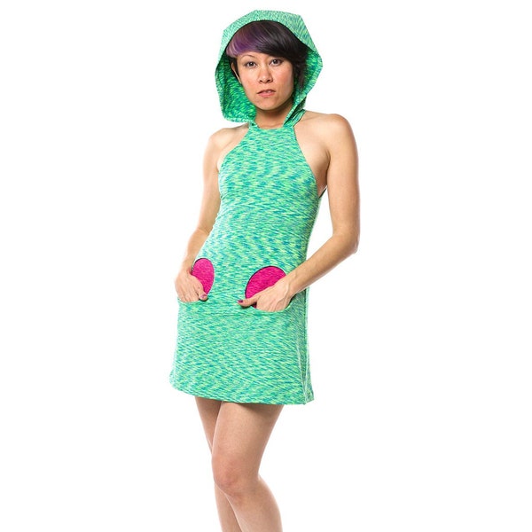 Mod Green Dress - Hooded Dress with Pockets - Colorblock Geometric Sixties Style Retro Futuristic Dress - Spaceracer Dress in Astroturf