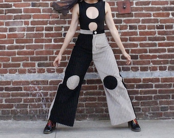 Holis Corduroy Pants in Eclipse - Black & Gray Colorblocked Cords - Wide Leg - Unisex High Waisted Trousers - Made to Order