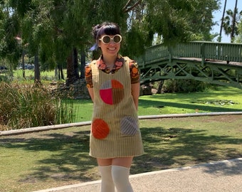 Holis Corduroy Jumper in Wonder Wheat - Tan Colorblocked A-Line Overall Dress with Multi Colored Circle Pocket Accents - Made to Order