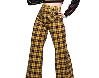 Yellow Plaid Pants - Nemisis Trousers - Wide Leg - High Waisted Sailor Pants - Tartan Sailor Style Preppy Punk Menswear