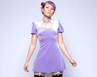 Anahata Dress in Lavender - Soft Girl Puff Sleeve Mini Dress with Keyhole Neckline - Tie Neck Short Sleeve Velvet Minidress