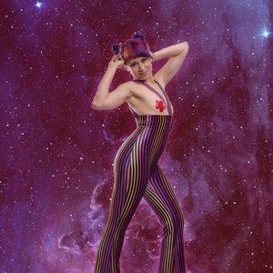 Striped Velvet Overalls - High Waisted Suspender Pants w V-Straps in Retro Black/Multi Stripe - Kalasiris Underalls in Roller Boogie Stripe