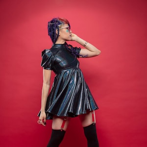Galaxy Girl Babydoll Dress in Rainbow Vortex - Holographic Black Baby Doll Empire Waist Puff Sleeve Kidcore Rave Play Circle Skirt MTO