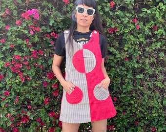 Holis Corduroy Jumper in Magneta - Pink & Gray Colorblocked A-Line Overall Dress with Flip Flop Colored Pocket Accents - Ready to Ship