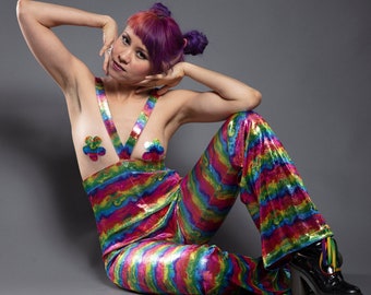 Rainbow Pants Rave Overalls - Metallic Multi Suspender Pants - Free The Nipple Gender Neutral Kalasiris Underalls Velvet Foil High Waisted