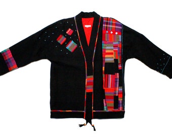 Designs by Maj-Britt Black & Multi Madras Kimono-Style Asymmetrically Embellished Jacket