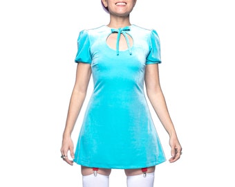 Anahata Dress in Aqua - Puff Sleeve Mini Dress with Keyhole Neckline - Tie Neck Short Sleeve Velvet Minidress