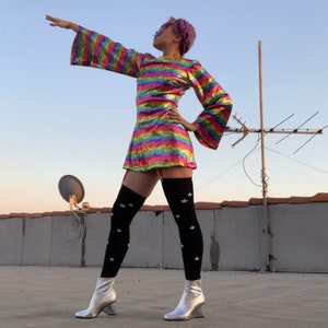 Rainbow Bell Sleeve Dress - Metallic Stripe Velvet Dress - Colorful Minidress with Big Sleeves - Sixties Mod Inspired Dress - Made To Order