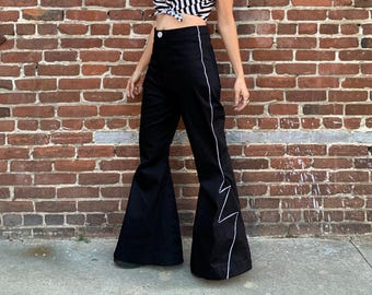 Black & White Lightning Pants Bellbottom Power Trousers - Any Gender Black Denim Jeans with Zig Zag Tuxedo Stripe Thunderbolt Accents