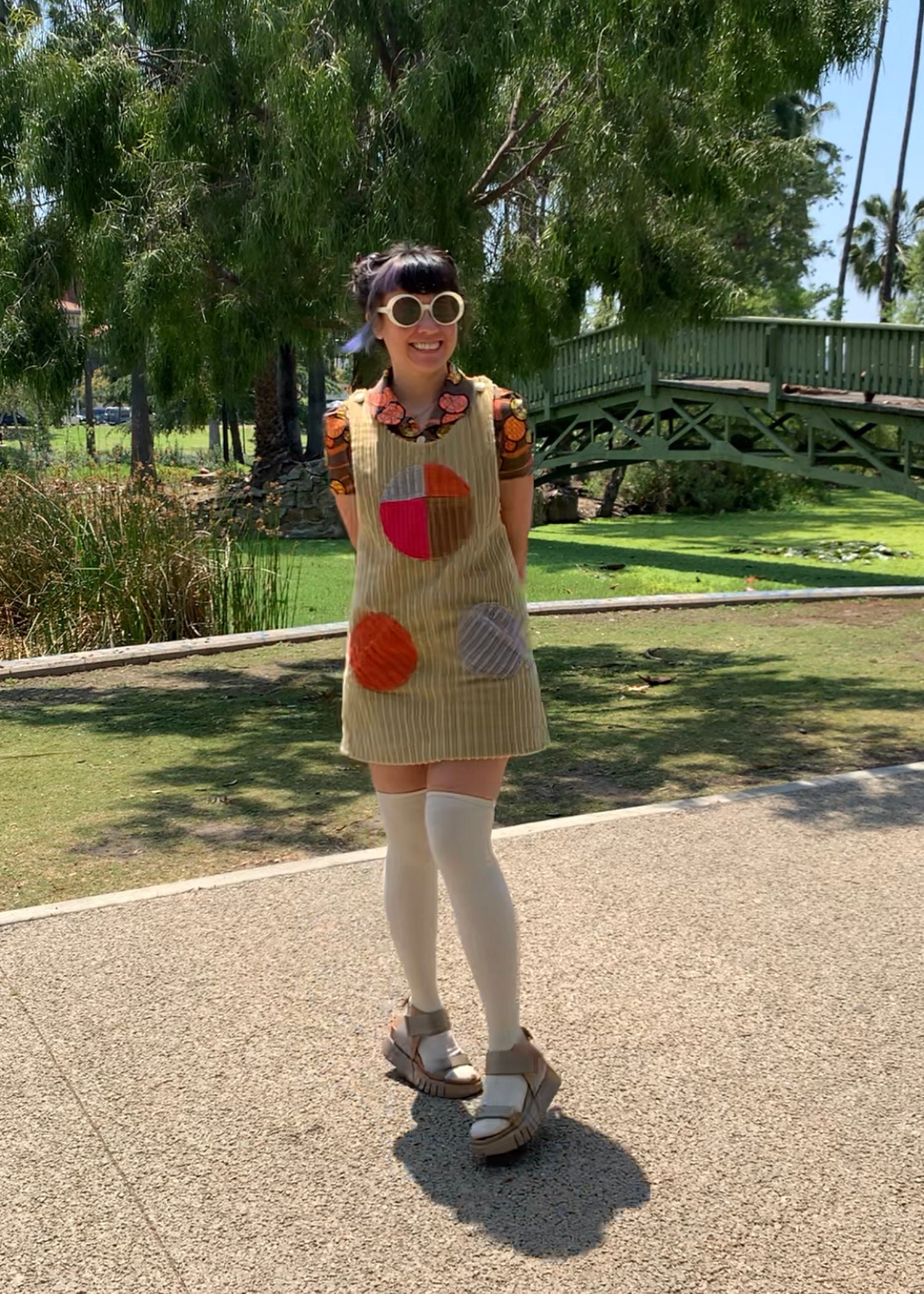 Holis Corduroy Jumper in Wonder Wheat - Tan Colorblocked A-Line Overall Dress With Multi Colored Circle Pocket Accents Made To Order