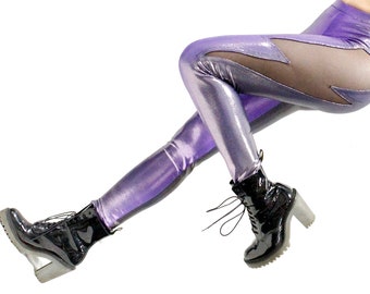 Lightning Leggings in Lavender/Gunmetal Ombré - Lightning Bolt Cutout Metallic - Shiny Wet Look Leggings - Power Pants for Thunder Thighs