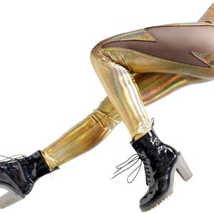 Lightning Leggings in Holographic Gold - Lightning Bolt Cutout Metallic Leggings - Shiny Wet Look Leggings - Power Pants for Thunder Thighs
