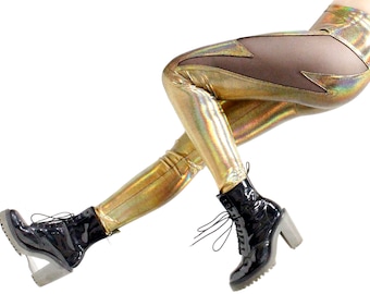 Lightning Leggings in Holographic Gold - Lightning Bolt Cutout Metallic Leggings - Shiny Wet Look Leggings - Power Pants for Thunder Thighs