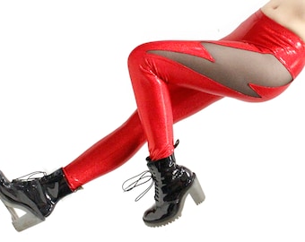 Lightning Leggings in Red Glitter - Lightning Bolt Cutout Metallic Leggings - Shiny Wet Look Leggings - Power Pants for Thunder Thighs