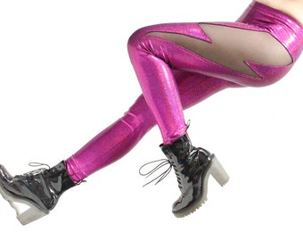 Lightning Leggings in Pink Shimmer - Lightning Bolt Cutout Metallic Leggings - Shiny Wet Look Leggings - Power Pants for Thunder Thighs