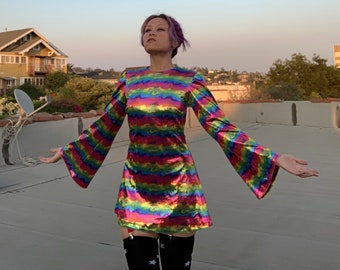 Rainbow Witch Dress - Metal Rainbow Witchy Dress - Colorful Witch Minidress -  Extra Small Medium Large Custom - Sixties Mod Goth Dress