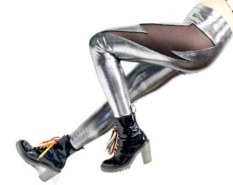 Lightning Leggings in Chromatica Silver - Lightning Bolt Cutout Metallic Leggings - Shiny Wet Look Leggings - Power Pants for Thunder Thighs