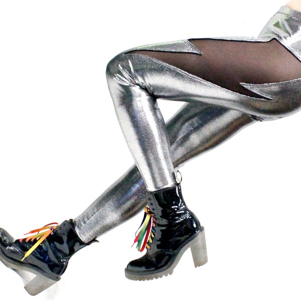 Lightning Leggings in Chromatica Silver - Lightning Bolt Cutout Metallic Leggings - Shiny Wet Look Leggings - Power Pants for Thunder Thighs