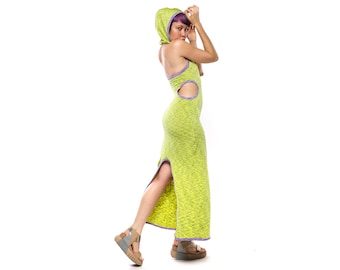 Hooded Halter Dress with Cutouts - Geometric Retro Futuristic Maxi Dress - Slinky Spacedye Long Yellow Dress - Airlock Dress in Fluoro