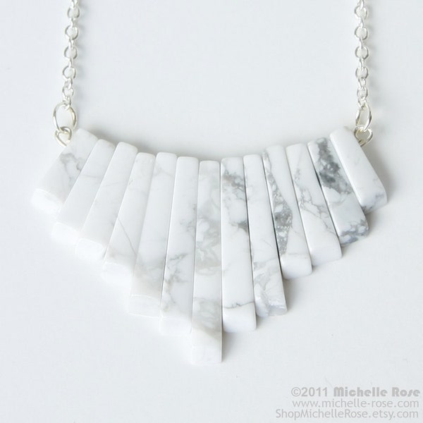 White Howlite Necklace - White Stone Necklace - "Xanadu" Marbled White & Gray Gemstone Triangular Necklace - Long Silver Chain