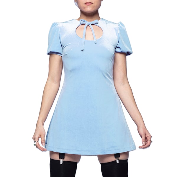 Anahata Dress in Baby Blue - Soft Girl Puff Sleeve Mini Dress with Keyhole Neckline - Tie Neck Short Sleeve Velvet Minidress