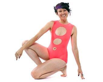 Neon Pink Swimsuit with Cutouts - Cut Out One Piece Bathing Suit - Solid Two Way Stretch Onesie Bodysuit Circles - Concentric Swim Suit