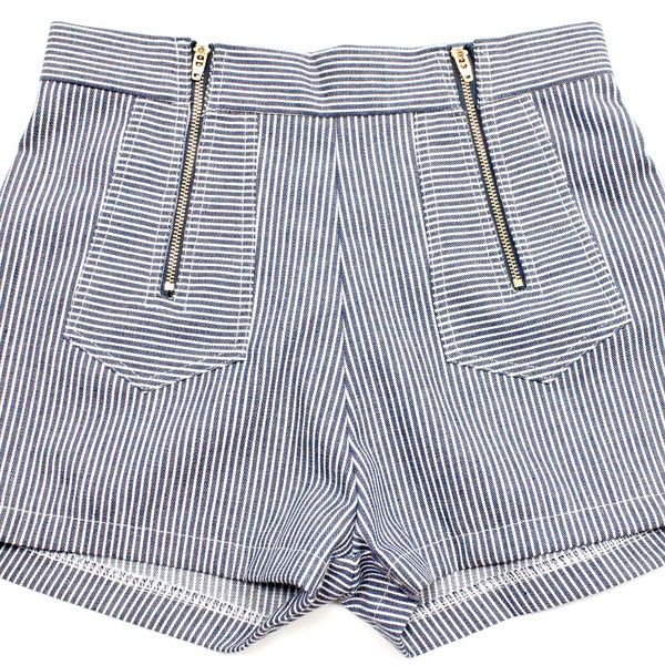 Conductor Stripe Shorts with Sailor Front Zipper - High Waisted Short Shorts - Striped Preppy Cotton Retro Classic Sporty Sizes 00-20 Plus