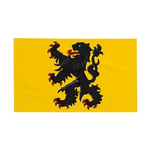 May include: A yellow flag with a black lion rampant, red claws and tongue. The flag has eyelets for hanging. The lion is a heraldic symbol, often seen in coats of arms.