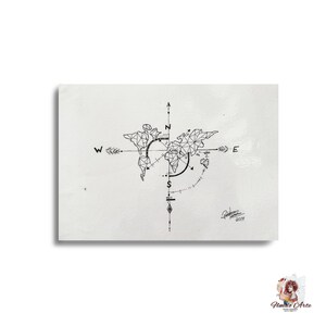 Croquis de Carte du Monde Géométrique avec Boussole – Art à l’Encre Inspiré par le Voyage