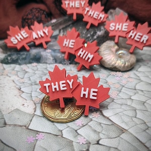 May include: Red maple leaf-shaped pronoun pins with white text, including "They," "Them," "She," "Her," "He," "Him," and "Any." Some pins are placed on a gold coin. The pins are on a textured surface.