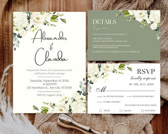 Minimalist Greenery and White Floral Invite, Wildflower Wedding Invitation, Sage Green Boho Wedding Invitation Suite, White and Green Invite