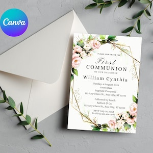 Minimalist Greenery Baptism Invitation Template, Christening Invite, Religious Cross, Printable Baptism, Greenery Baptism Invitation Card