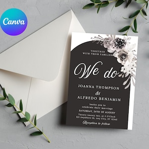Convite de casamento editável em arco floral moderno, convite de casamento em arco floral preto e branco, convite elegante e minimalista com peônias