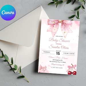 Editable Pink Bow Baby Shower Invitation, Pink Bow Invitation and Editable Games, Pink Coquette Bow Baby Shower Decoration Baby Girl