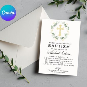 Greenery Baptism Invitation Template, Greenery Christening Invitation, Religious Cross, Floral Invitation ROSIE, Girls Baptism Invitation