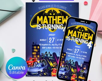Bat Car Invitation Invitation| Superhero Birthday Invitation| Digital Printable Bat Birthday Party| Kid Birthday Invite| Editable Template