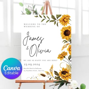 Editable Sunflower Wedding Welcome Sign, Sunflower Reception Decor Sign, Printable Rustic Sage Yellow Floral Large Signage, Instant Download