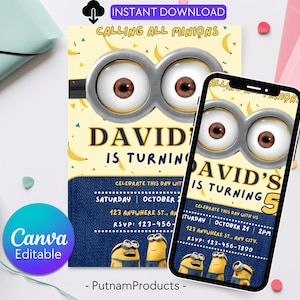 Editable Minion Birthday Invitation Template, Printable Birthday Party Invitations, invite Bday Card, Printable Minion kid birthday party
