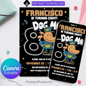 Edytowalny szablon zaproszenia urodzinowego Dog Man, zaproszenie urodzinowe Dog Man, zaproszenie do filmu urodzinowego dla dzieci DogMan, natychmiastowe pobieranie Canva